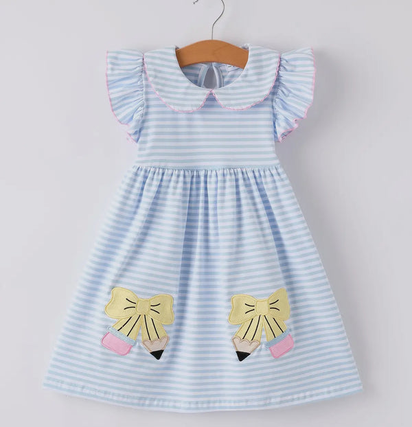 Blue/White Knit Dress dress with pencil/bow appliqué