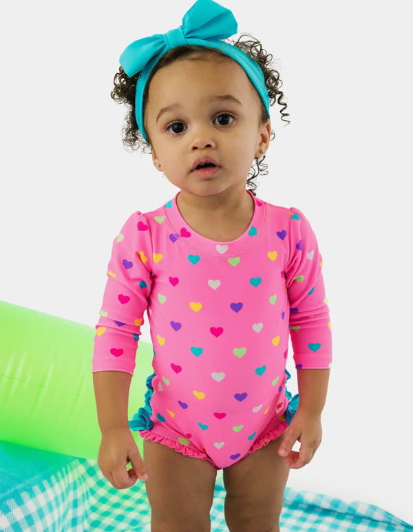 Baby Girl Neon Pink Colorful Hearts Long Sleeve Rash Guard Swimsuit
