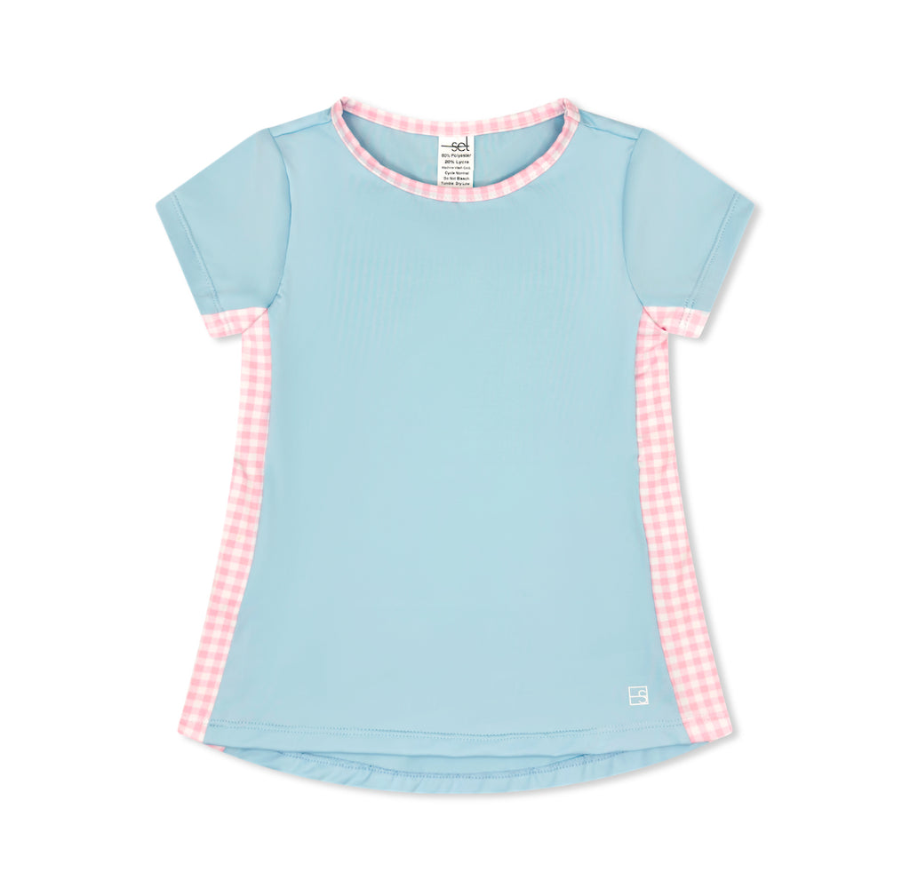 Blair Top-cotton candy blue with pink gingham details