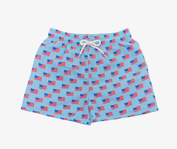 St. Simmons swim trunks-flag