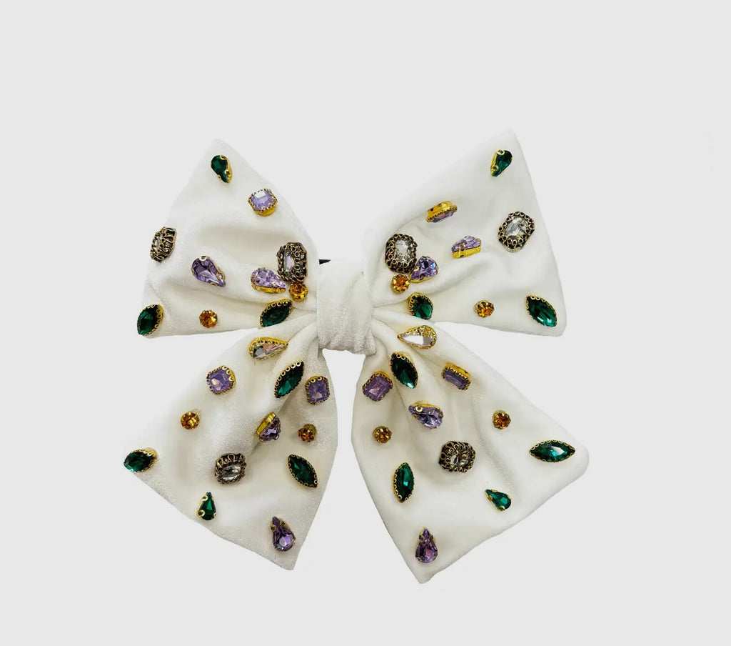 Bejeweled Mardi Gras Bow-white Velvet