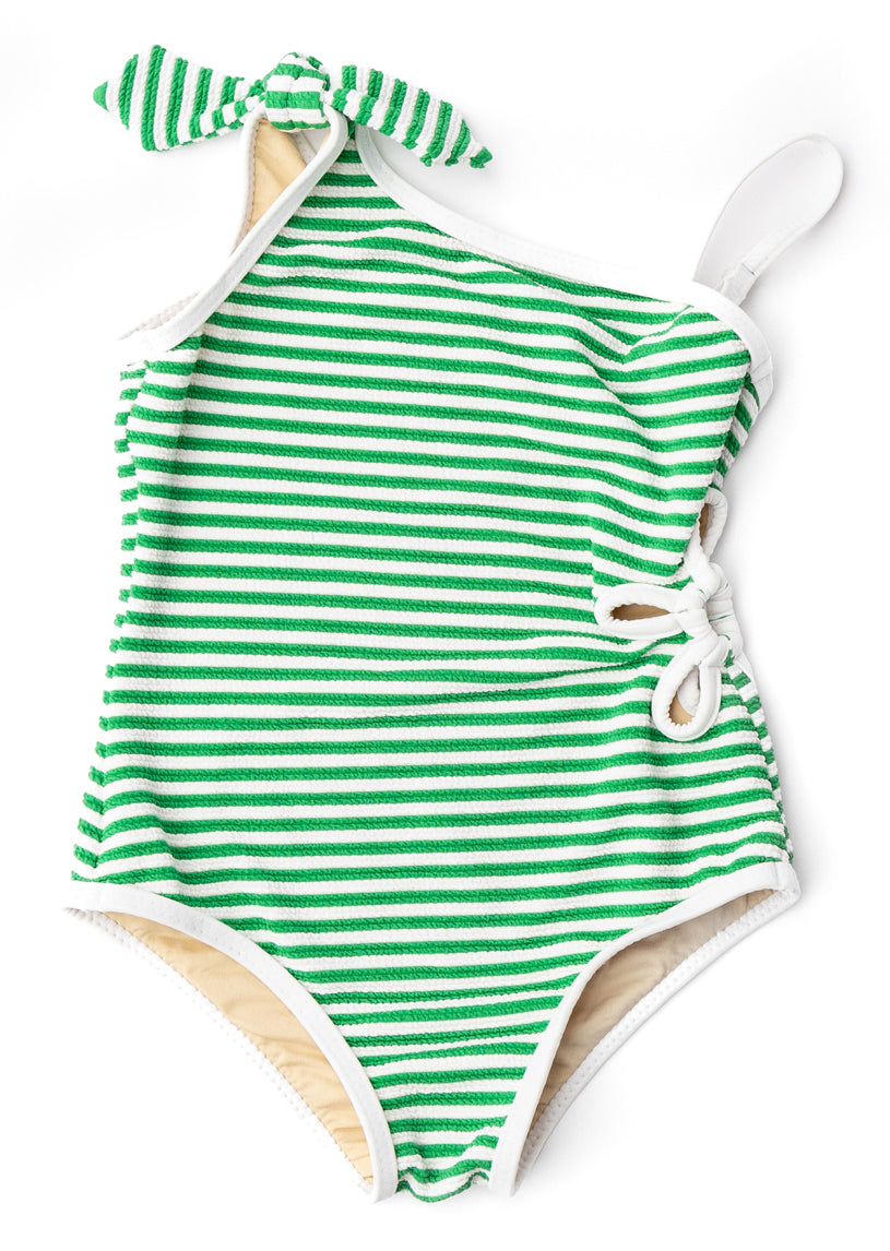 Green Stripe Girls Ribbed Daisy Cut Out One Piece Swimsuit