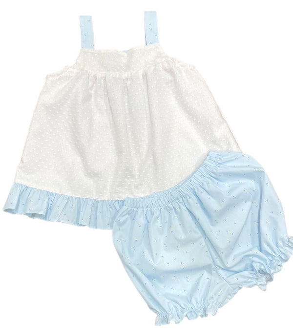 Maggie Bloomer Set-Dotted Swiss top with blue floral bloomers