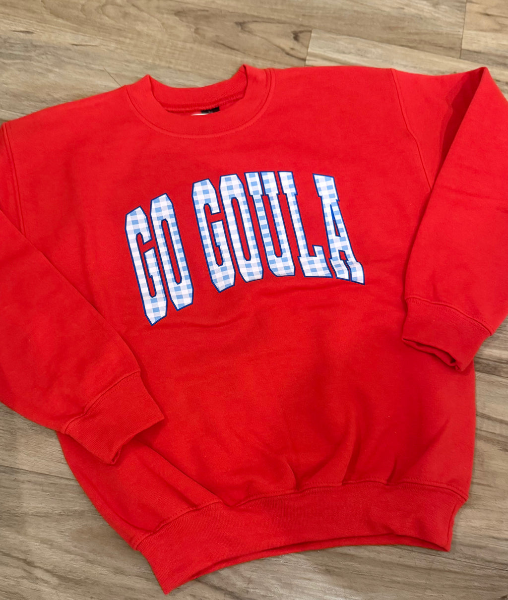 Red with Blue Gingham Goula sweatshirt