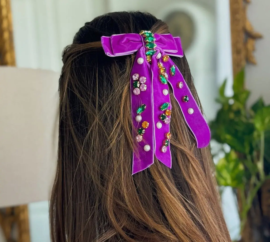 Bejeweled Mardi Gras Bow-Purple Velvet