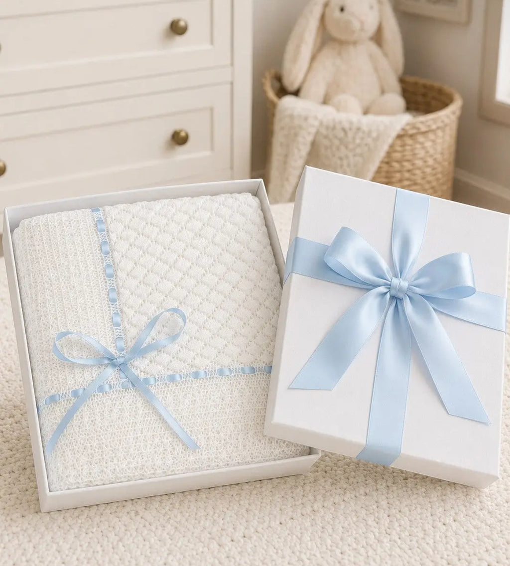 Belgium Lace Blanket with Blue Ribbon