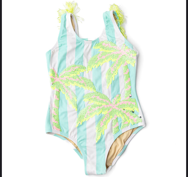 Palm Stripe Girls Sequin Fringe Back One Piece Swimsuit