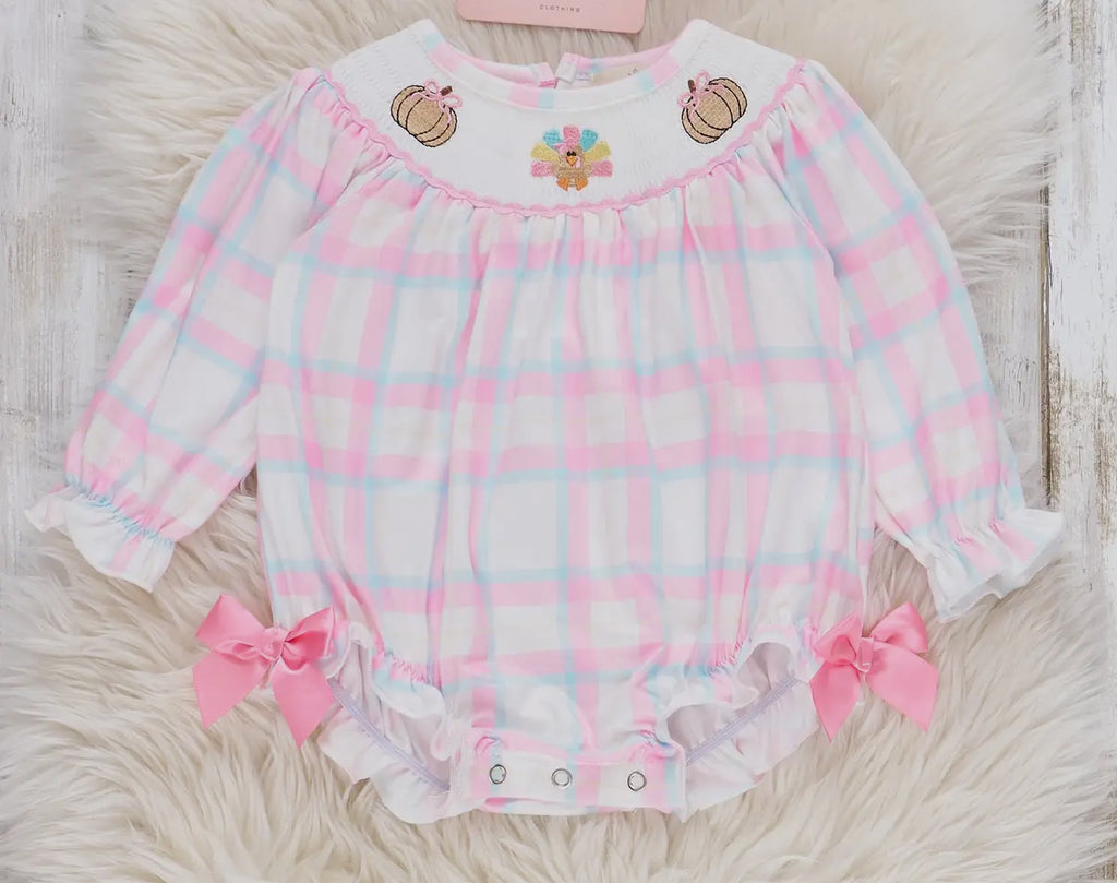 Pink smocked turkey and pumpkins bubble