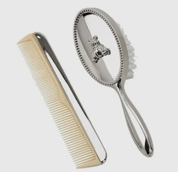 Teddy Bear Silver Plated Brush and Comb Set
