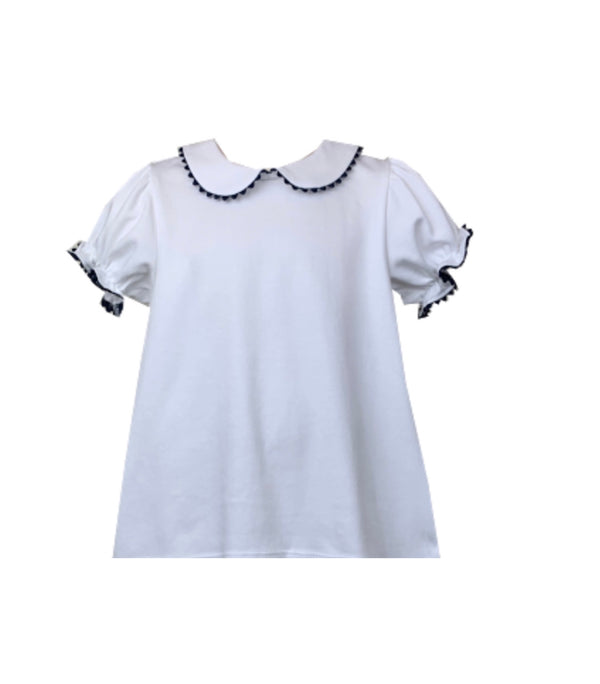 White Pima Knit Blouse with Navy Ric Rac