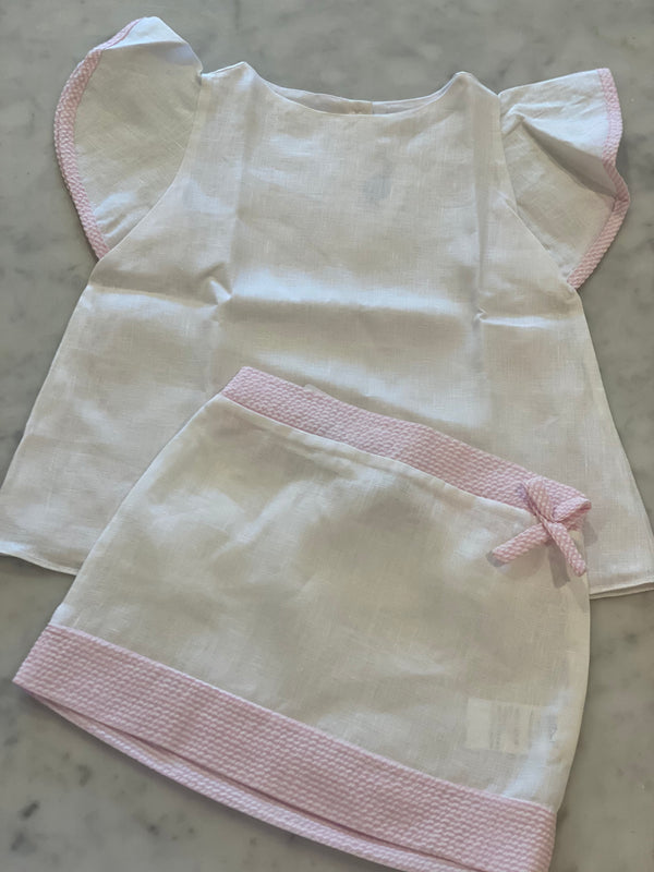 Linen Skirt Set-White with Pink