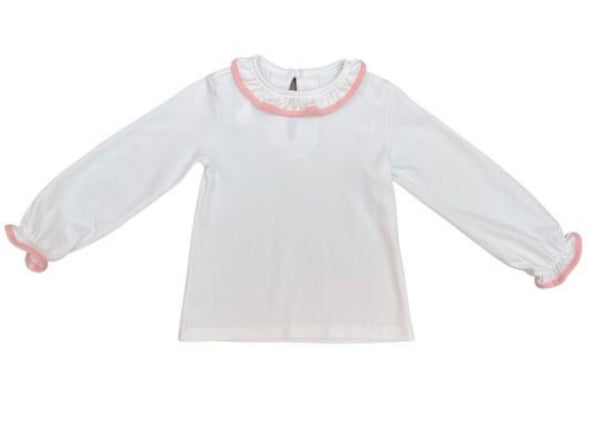 White Ruffle Neck Top with Pink Trim