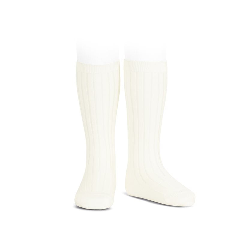 Wide Ribbed Cotton Knee Highs-Beige