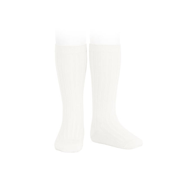 Wide Ribbed Cotton Knee Highs-Cream